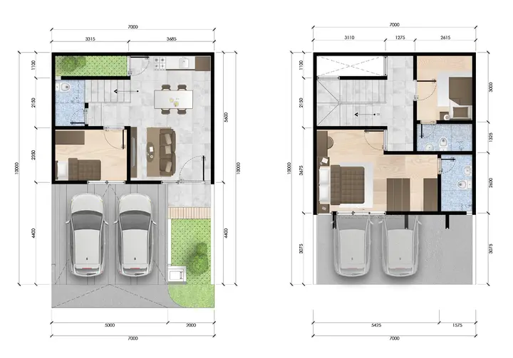 Denah lantai 1 dan lantai 2 rumah Tipe E 7x10