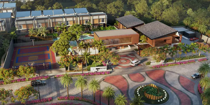 Tampak atas clubhouse, kolam renang, dan lapangan olahraga Cluster Allurea