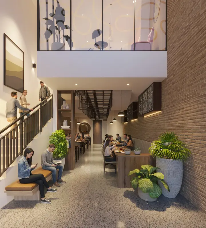 Interior lantai satu ruko Gallery Prime dengan tangga ke lantai atas